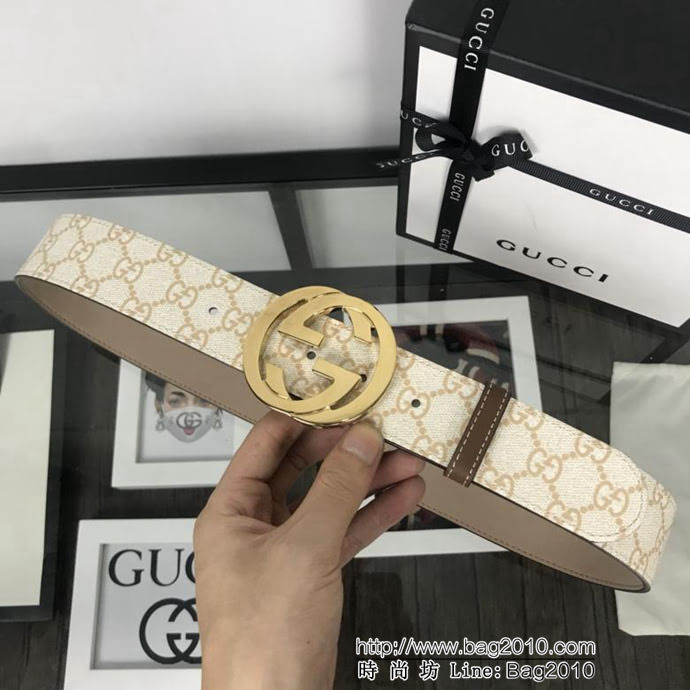 GUCCI古馳 官網經典款 原單品質 專櫃PVC新花色 米白提花面料 雙G拋光亮面扣 男士皮帶  xfp1438